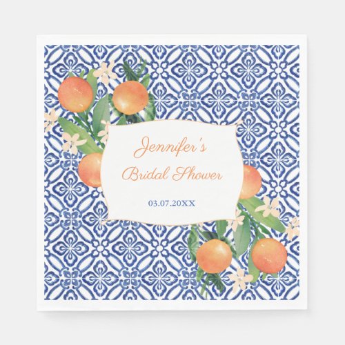 Italian Blue Tiles Sweet Oranges Bridal Shower Napkins