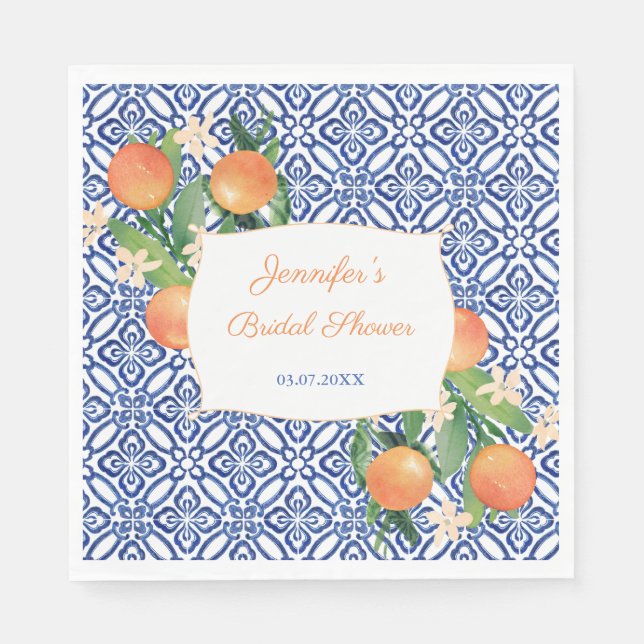 Italian Blue Tiles Sweet Oranges Bridal Shower Napkins (Front)