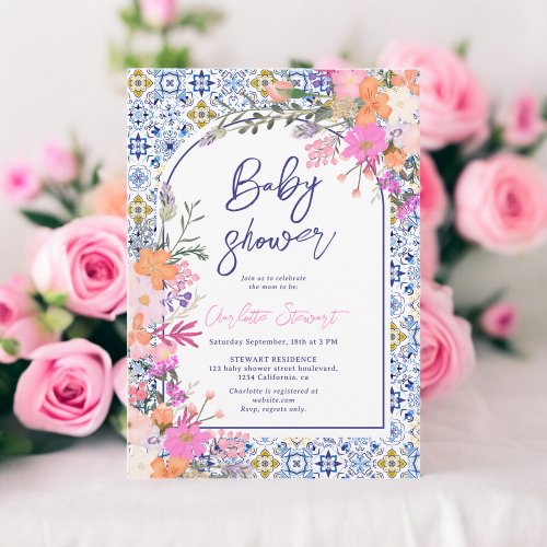 Italian blue tiles watercolor floral baby shower invitation
