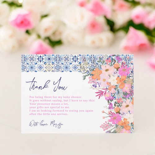 Italian blue tiles watercolor floral baby shower thank you card