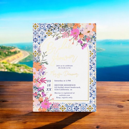 Italian blue tiles watercolor floral bridal shower foil invitation