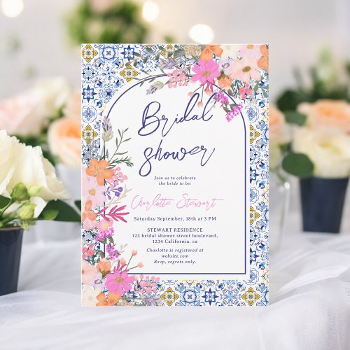 Italian blue tiles watercolor floral bridal shower invitation