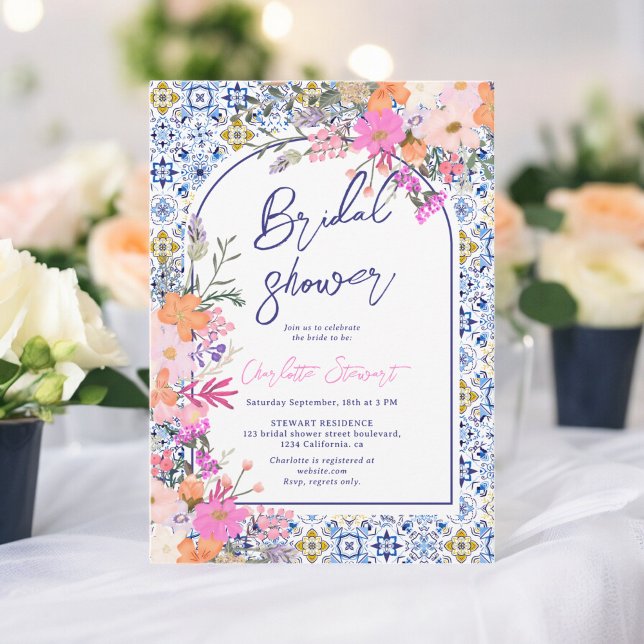 Italian blue tiles watercolor floral bridal shower invitation (Italian blue tiles watercolor floral bridal shower invitation)