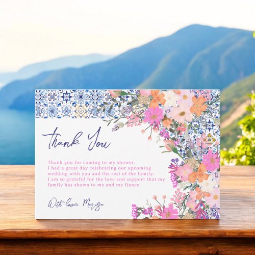 Italian blue tiles watercolor floral bridal shower thank you card