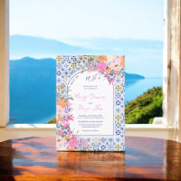 Italian blue tiles watercolor floral photo wedding