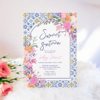Italian blue tiles watercolor floral Sweet 16