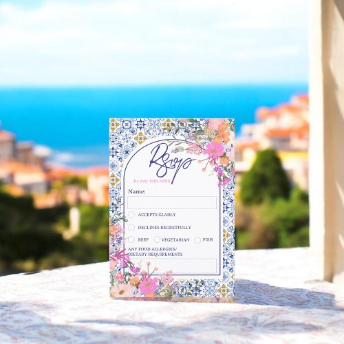 Italian blue tiles watercolor floral wedding rsvp invitation