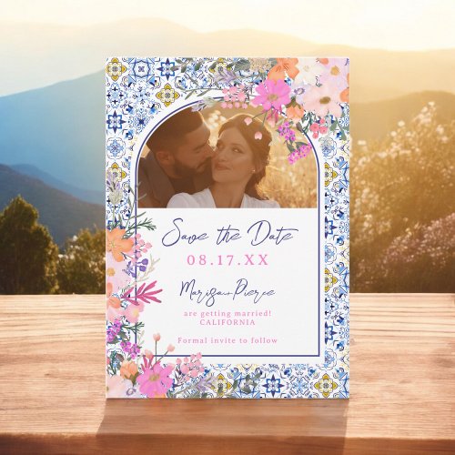 Italian blue tiles watercolor floral wedding save the date