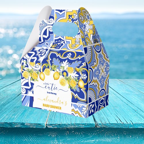 Italian blue tiles watercolor lemon baby shower favor boxes