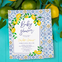 Italian blue tiles watercolor lemon baby shower invitation
