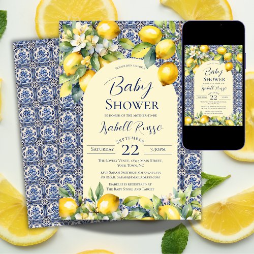 Italian Blue Tiles Watercolor lemon Baby Shower Invitation
