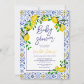 Italian blue tiles watercolor lemon baby shower invitation (Front)