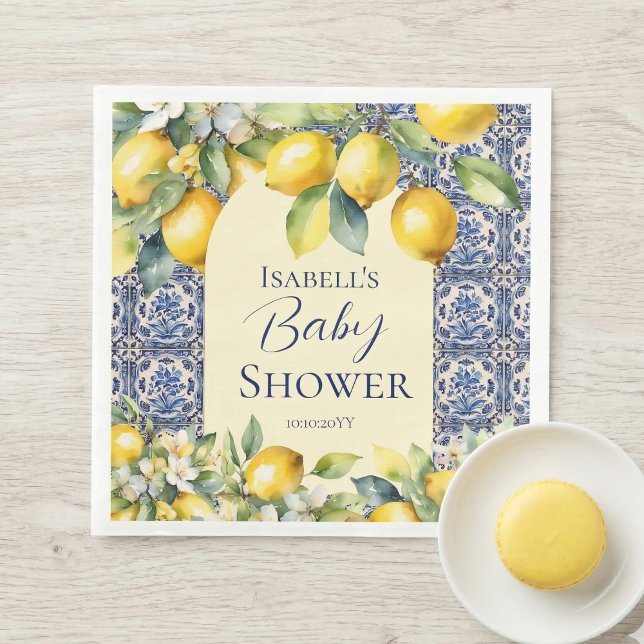 Italian blue tiles watercolor lemon baby Shower  Napkins (Creator Uploaded)