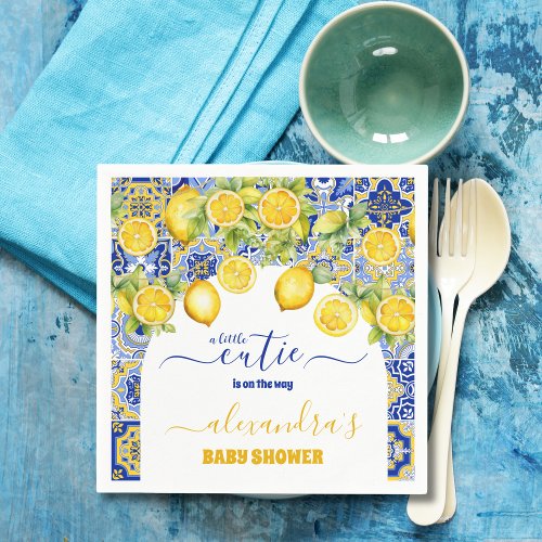 Italian blue tiles watercolor lemon baby shower napkins