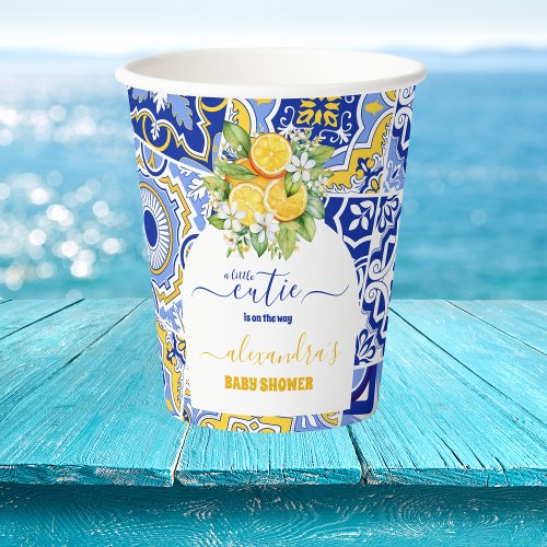 Italian blue tiles watercolor lemon baby shower paper cups