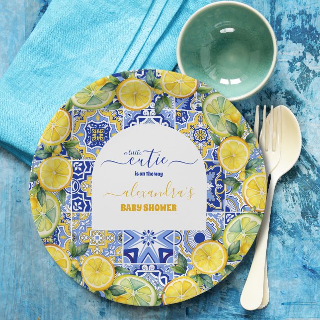 Italian blue tiles watercolor lemon baby shower paper plates (Creator Uploaded)
