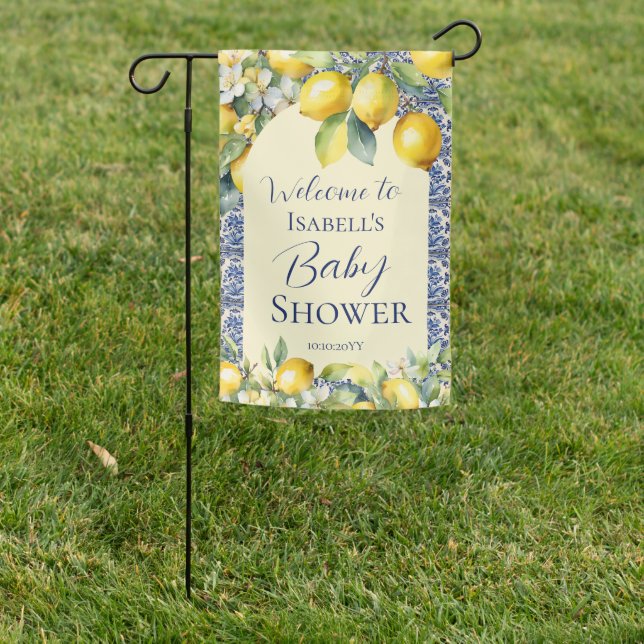 Italian blue tiles watercolor lemon baby  welcome  garden flag (In SItu)