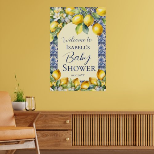 Italian blue tiles watercolor lemon baby  welcome  poster