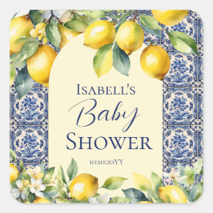 Italian blue tiles watercolor lemon baby welcome square sticker