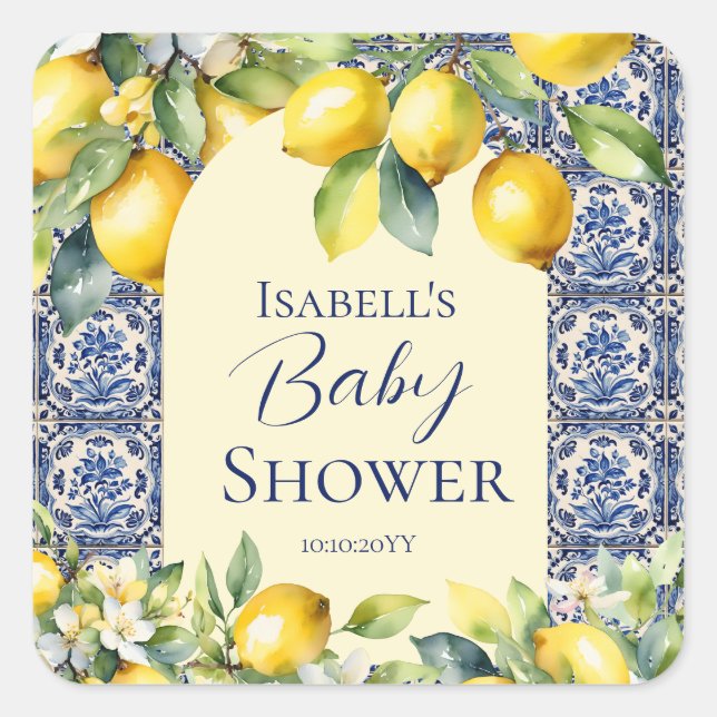 Italian blue tiles watercolor lemon baby  welcome  square sticker (Front)