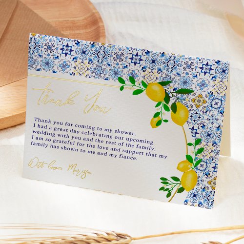 Italian blue tiles watercolor lemon bridal shower  foil greeting card