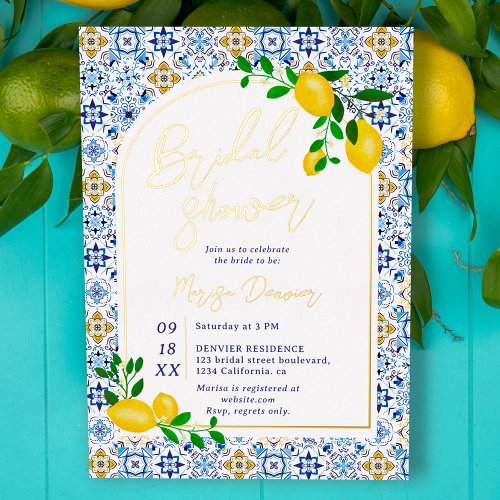 Italian blue tiles watercolor lemon bridal shower foil invitation