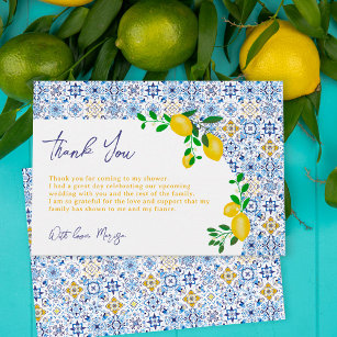 Italian blue tiles watercolor lemon bridal shower thank you card