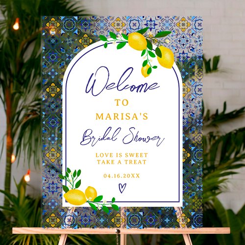 Italian blue tiles watercolor lemon bridal welcome acrylic sign