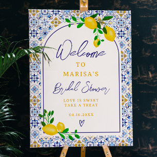 Italian blue tiles watercolor lemon bridal welcome foam board