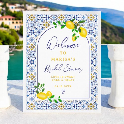 Italian blue tiles watercolor lemon bridal welcome poster