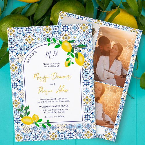 Italian blue tiles watercolor lemon photos wedding invitation