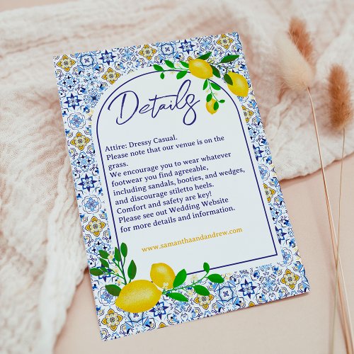 Italian blue tiles watercolor lemon wedding detail enclosure card
