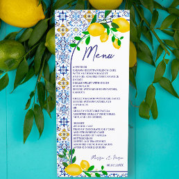 Italian blue tiles watercolor lemon wedding menu