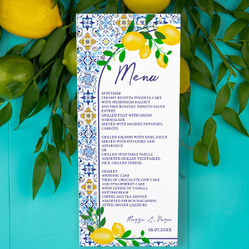 Italian Blue Tiles Watercolor Lemon Wedding Menu by girly_trend at Zazzle