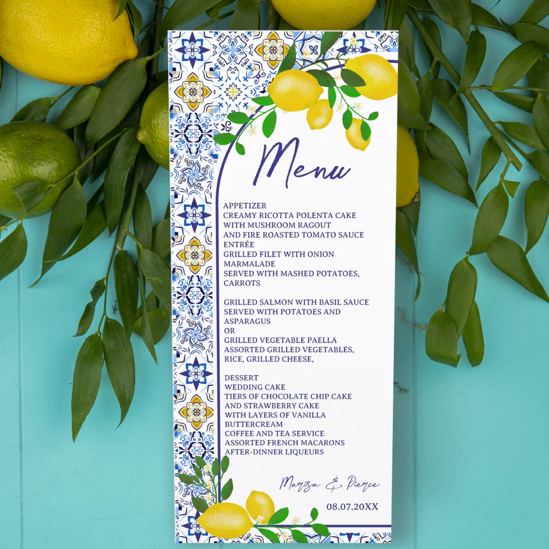 Italian blue tiles watercolor lemon wedding menu
