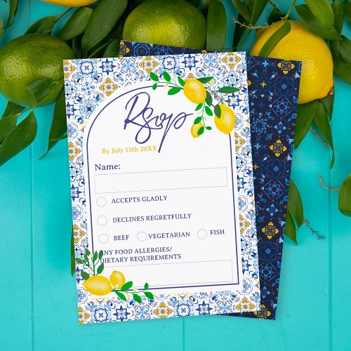 Italian blue tiles watercolor lemon wedding rsvp invitation