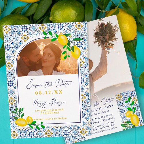 Italian blue tiles watercolor lemon wedding save the date