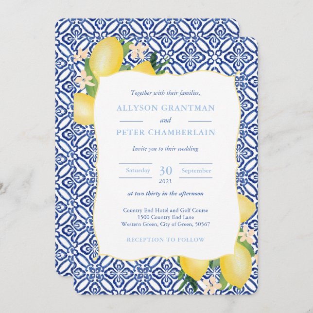 Italian Blue Tiles Watercolor Lemons Wedding Invitation (Front/Back)