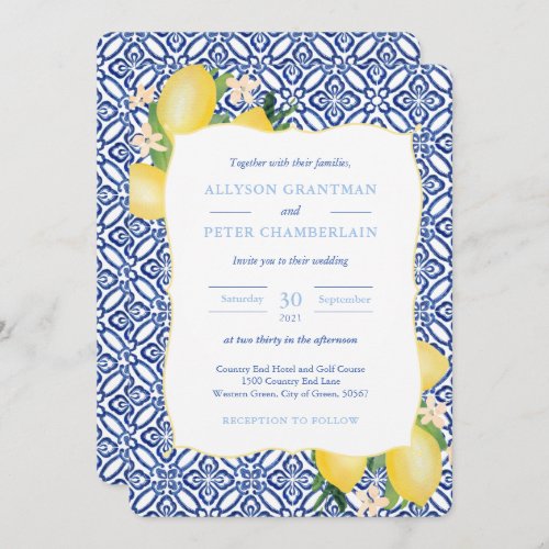 Italian Blue Tiles Watercolor Lemons Wedding Invitation - Pretty and fashionable invitations featuring vibrant watercolor lemons and glossy green leaves with pretty blossoms, complemented by cobalt blue and white tile surround and reverse side.