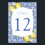 Italian Blue Tiles Watercolor Lemons Wedding Table Number<br><div class="desc">Watercolor lemons and pretty blossoms against a background of cobalt blue and white tile pattern for this stylish Wedding,  Shower or Birthday table number design.</div>