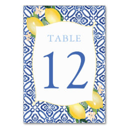 Italian Blue Tiles Watercolor Lemons Wedding Table Number