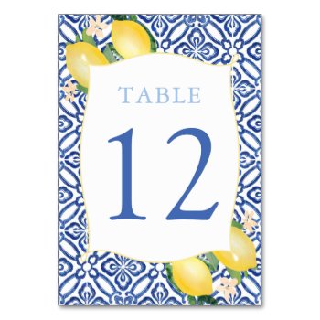 Italian Blue Tiles Watercolor Lemons Wedding Table Number by DulceGrace at Zazzle