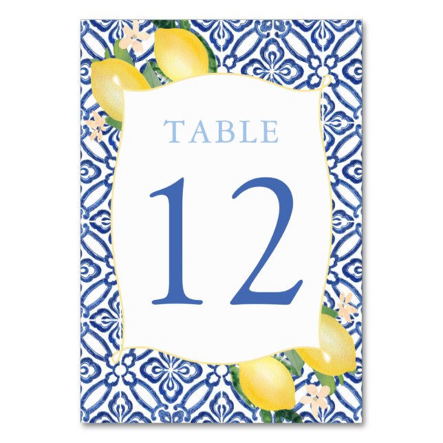 Italian Blue Tiles Watercolor Lemons Wedding Table Number (Front)