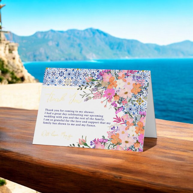 Italian blue tiles wildflowers bridal shower  foil greeting card (Italian blue tiles wildflowers bridal shower foil greeting card)