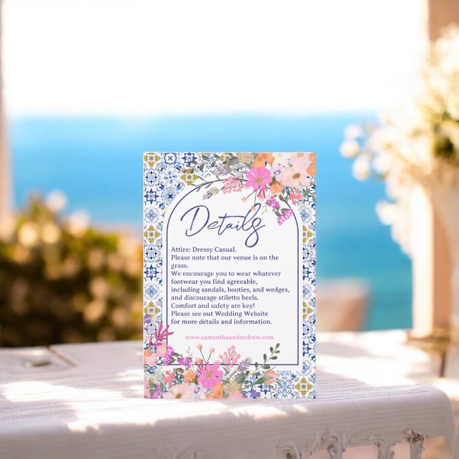 Italian blue tiles wildflowers wedding details enclosure card (Italian blue tiles wildflowers wedding details enclosure card)