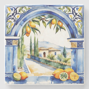 Italian blue tiles with lemons rural scenery stone coaster