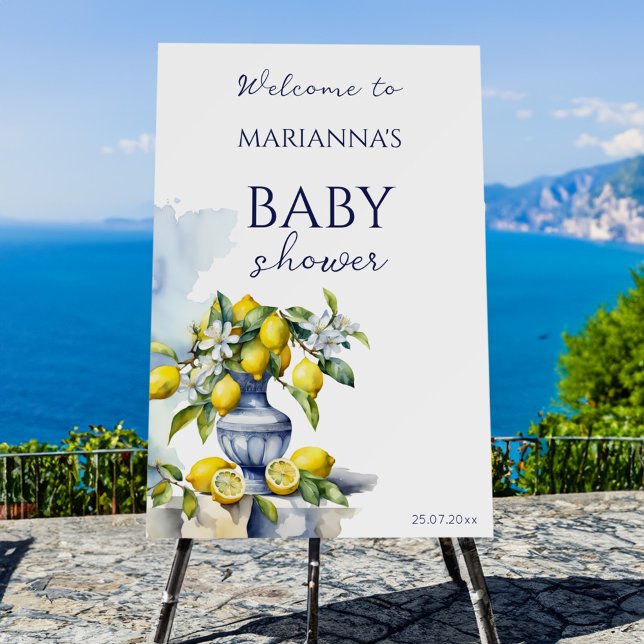 Italian blue vase lemons baby shower welcome sign (Italian Amalfi blue talavera maiolica vase with lemons baby shower welcome sign board)