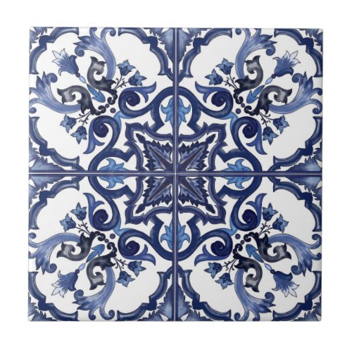 Italian Blue  White Sicilian Majolica Mosaic Ceramic Tile