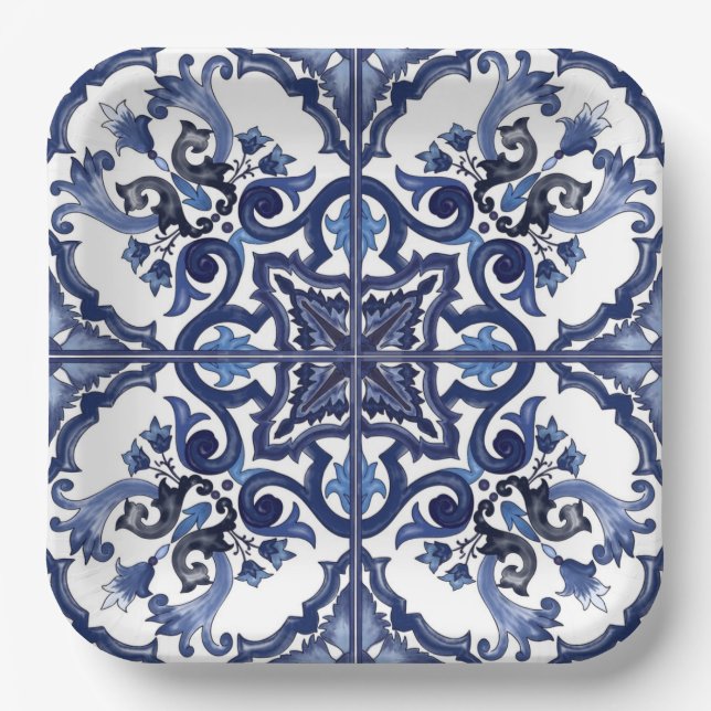 Italian Blue & White Sicilian Majolica Mosaic Paper Plates (Front)