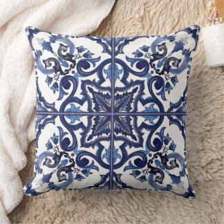 Italian Blue & White Sicilian Majolica Mosaic Throw Pillow